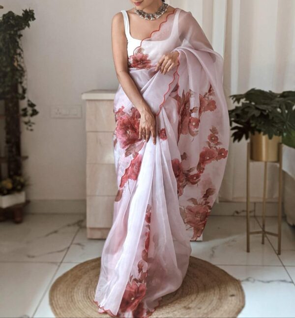 Pure Silk Organza saree with 4D floral digital print with fine cutwork border. - Impresa Store