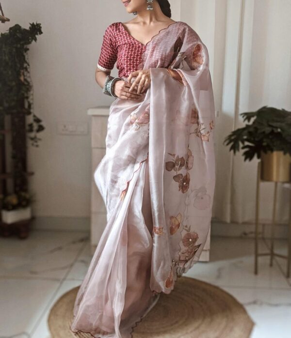 Pure Silk Organza saree with 4D floral digital print with fine cutwork border - Impresa Store