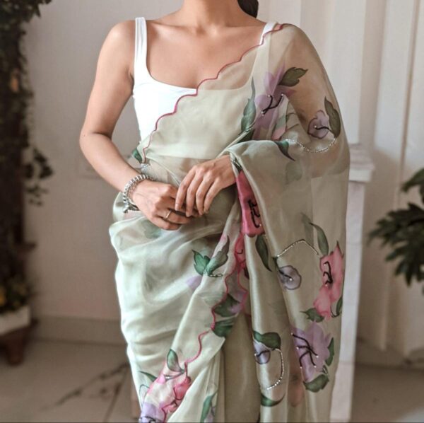Pure Silk Organza saree with 4D floral digital print with fine cutwork border - Impresa Store