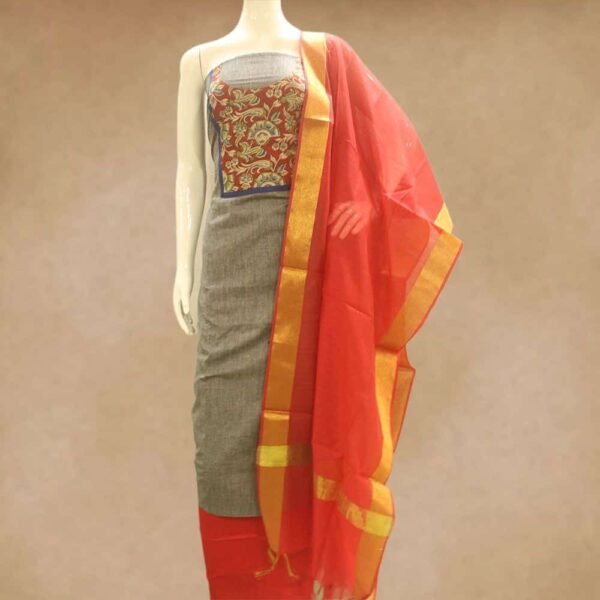 Cotton top with kalamkari patch work on yoke and silk cotton bottom and semi silk duppatta - Impresa Store