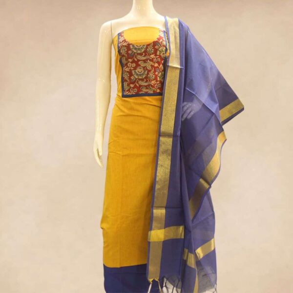 Cotton top with kalamkari patch work on yoke and silk cotton bottom and semi silk duppatta - Impresa Store