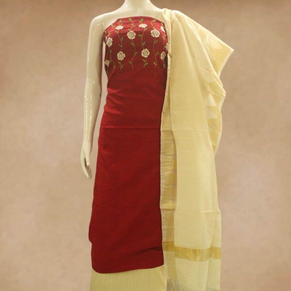 Designer silk cotton top and silk cotton bottom with semi silk dupatta - Impresa Store