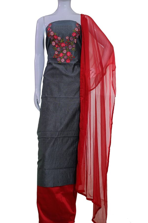 Designer silk kota top with hand work and silk cotton bottom with chiffon dupatta - Impresa Store