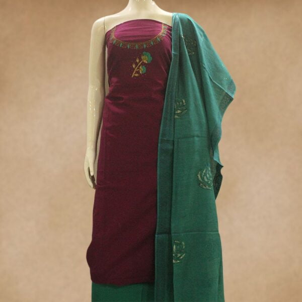 Designer silk cotton top with work and silk cotton bottom with applique work dupatta - Impresa Store