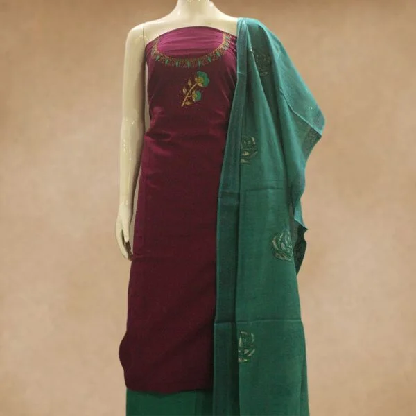 Designer silk cotton top with work and silk cotton bottom with applique work dupatta - Impresa Store