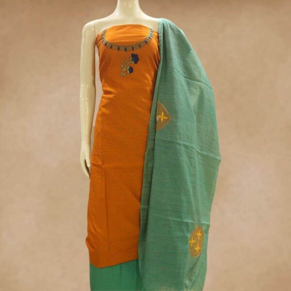 Silk cotton top with hand work and silk cotton bottom with semi silk work dupatta - Impresa Store
