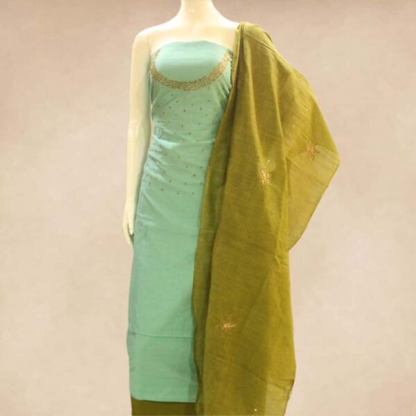 Silk cotton top with hand work and silk cotton bottom with dupion dupatta - Impresa Store