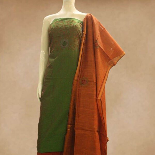 Silk cotton top with embroidery work yoke and silk cotton bottom with cut work dupatta - Impresa Store