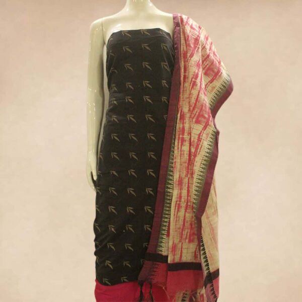 Block printed black silk cotton top and silk cotton bottom with tussar munga dupatta - Impresa Store