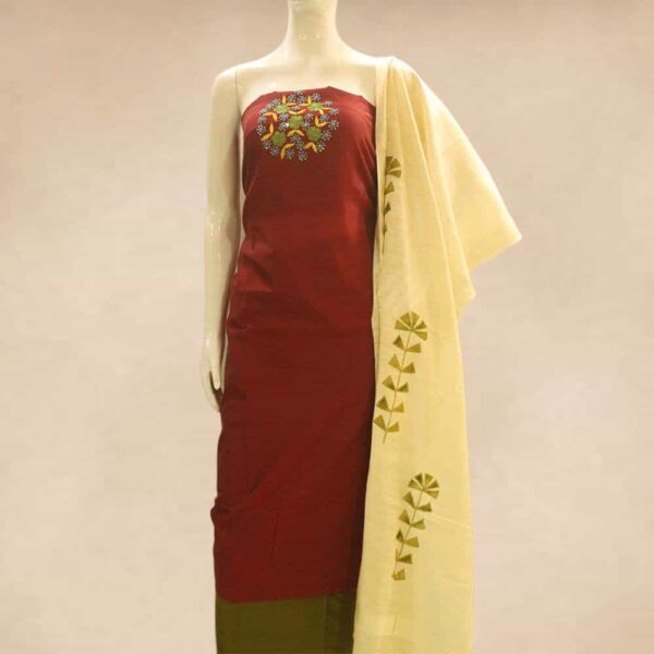 Silk cotton top with hand work yoke , silk cotton bottom applique work semi silk dupatta - Impresa Store