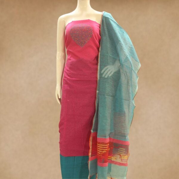 Silk cotton top with french knote and silk cotton bottom with semi raw silk dupatta - Impresa Store