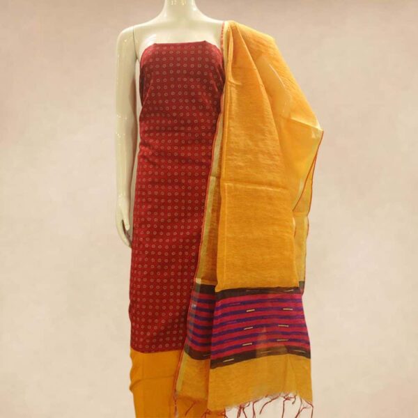 Red block printed silk cotton top and silk cotton bottom with semi raw silk dupatta - Impresa Store
