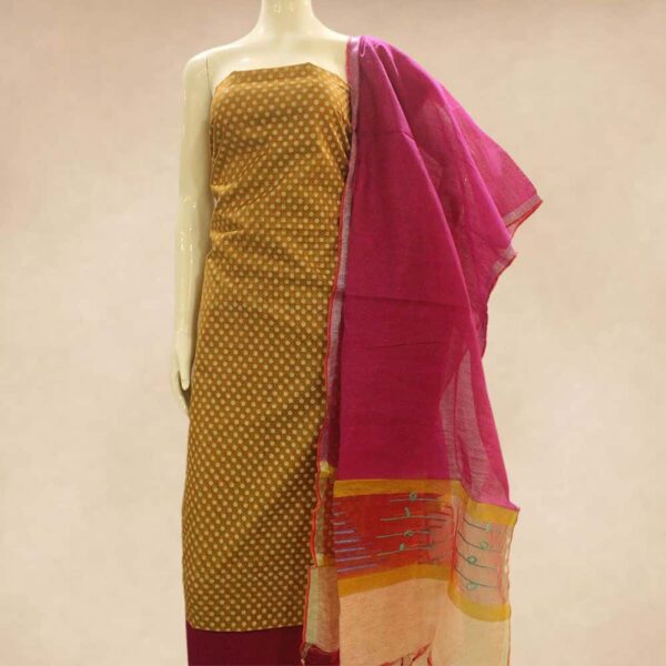 Block printed silk cotton top and silk cotton bottom with semi raw silk dupatta - Impresa Store