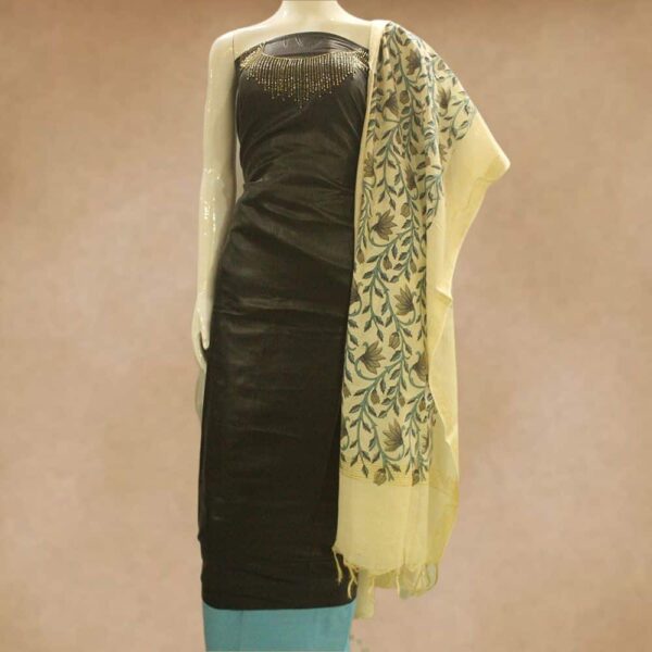 Tussar silk top with hand work and silk cotton bottom with nodal silk dupatta - Impresa Store