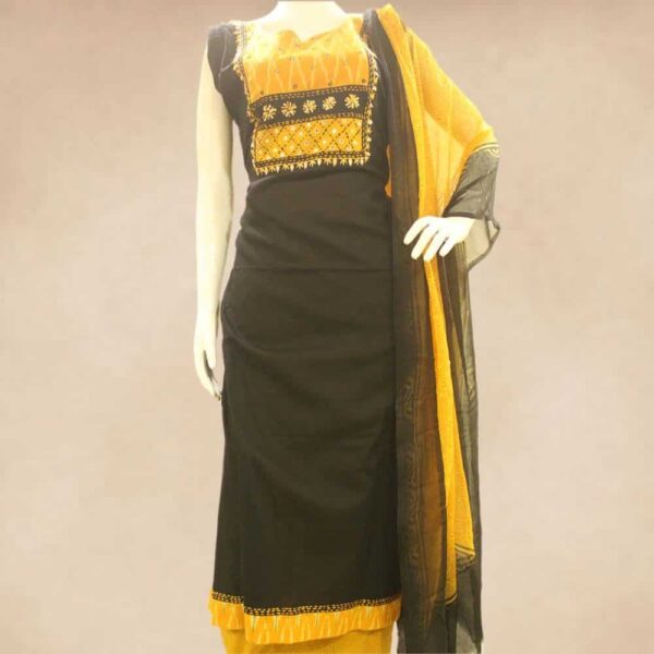 Designer semi stitched black and yellow cotton top and cotton bottom with chiffon dupatta - Impresa Store