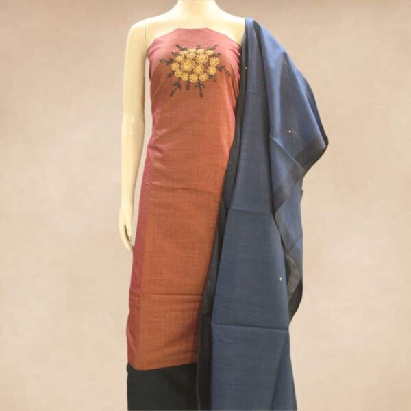 Dupion silk cotton top with work on yoke and silk cotton bottom with silk cottondupatta - Impresa Store