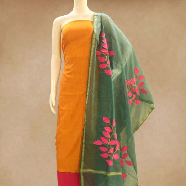 Silk cotton jacquard top and silk cotton bottom with applique work munga net dupatta - Impresa Store