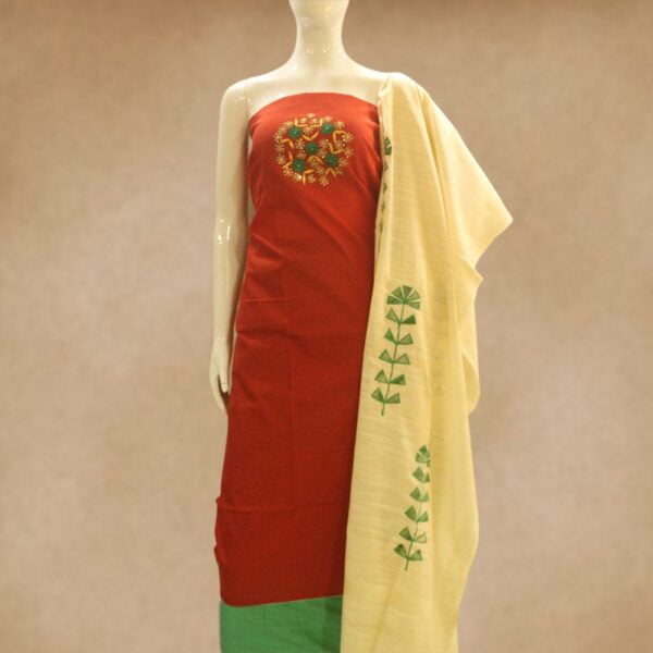 Silk cotton top and silk cotton bottom with applique work cotton silk dupatta - Impresa Store