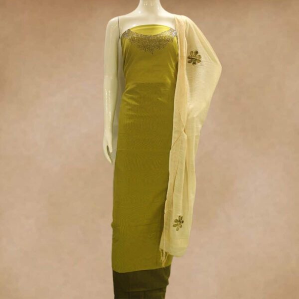 Silk cotton top with hand work and silk cotton bottom with applique work semi silk dupatta - Impresa Store