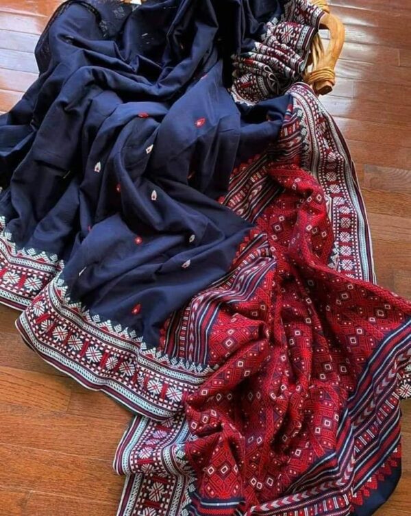 Handloom cotton jamdhani sarees - Blue and Red - Impresa Store