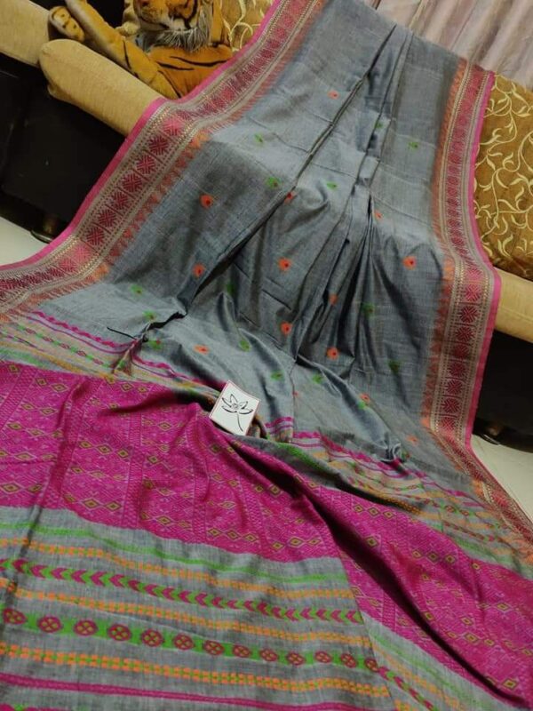 Handloom cotton jamdhani sarees - Grey and pink - Impresa Store