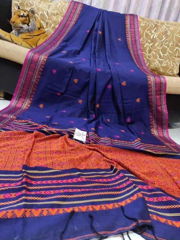Handloom cotton jamdhani sarees - Blue and Orange - Impresa Store