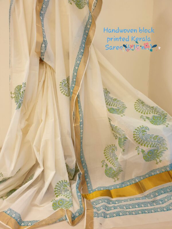 Powerloom Handblock Printed Kerala Cotton saree - Impresa Store