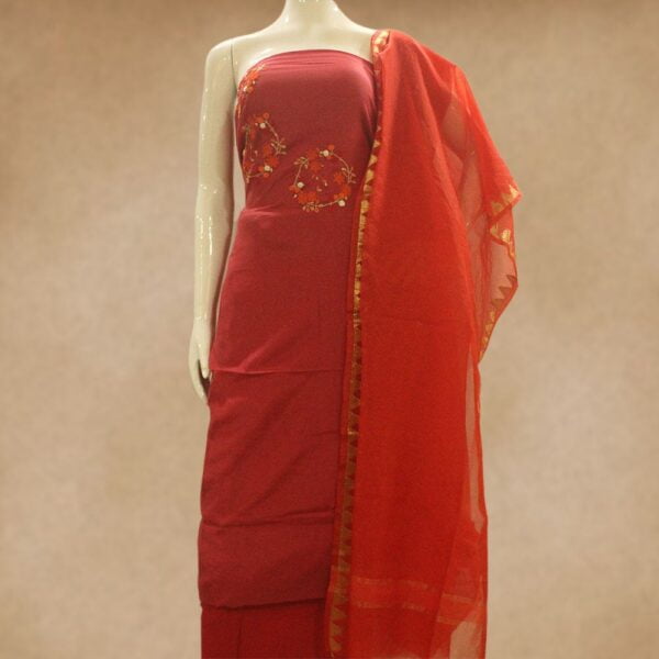 Chanderi silk top with handwork and cotton bottom with silky kota dupatta - Impresa Store
