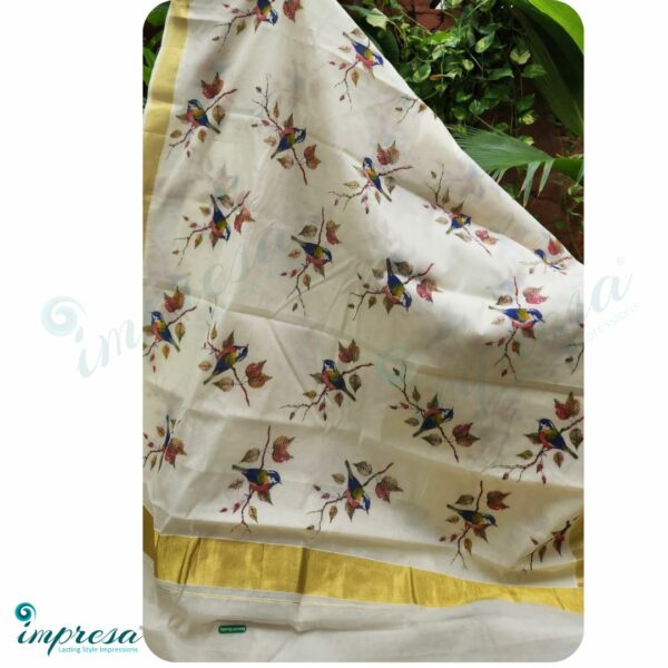 Digital Print Kerala Cotton Kasavu Sarees - Impresa Store