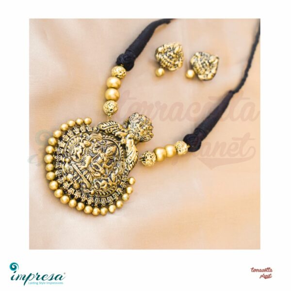 Gold Lakshmi Terracotta Pendant and Black Threaded Jewellery Set - Impresa Store
