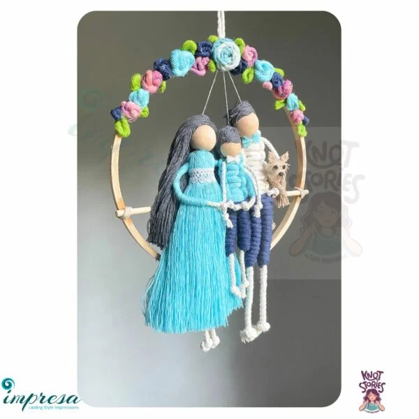 Mom & Dad with a baby boy & a pet dog - Ice blue colour with flowers - Macrame Character Wall Hangings - Impresa Store