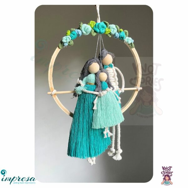 Mom & Dad with a baby girl- teal combo with flowers - Macrame Character Wall Hangings - Impresa Store