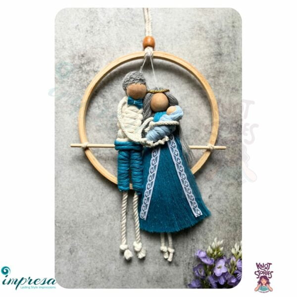 Couple with swaddled baby-blue - Macrame Character Wall Hangings - Impresa Store