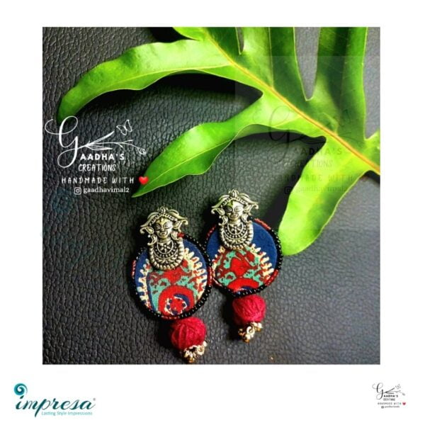 Handmade Blue & Red Fabric Earings with Cotton balls and Gunguroo Jewellery - Impresa Store