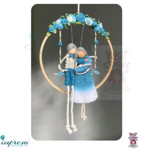 Couple with swaddled baby on Swing with flowers - Blue & White Hand dyed color combo Macrame Character Wall Hanging - Impresa Store