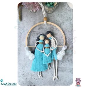 Couple with baby girl - sky blue colour - with white flowers Macrame Character Wall Hanging - Impresa Store
