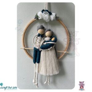 Couple with swaddled baby - offwhite & blue color combo Macrame Character Wall Hanging - Impresa Store
