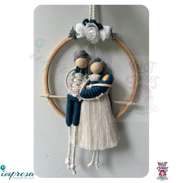 Couple with swaddled baby - offwhite & blue color combo Macrame Character Wall Hanging - Impresa Store