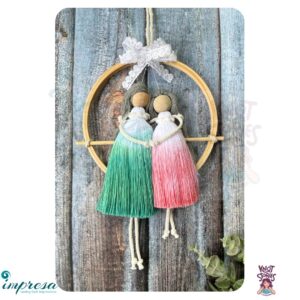 Sisters- White, Green& Peach - Hand dyed Colour Macrame Character Wall Hanging - Impresa Store