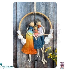Couple with baby girl - with flowers - Blue ,yellow & orange Hand dyed color combo Macrame Character Wall Hanging - Impresa Store