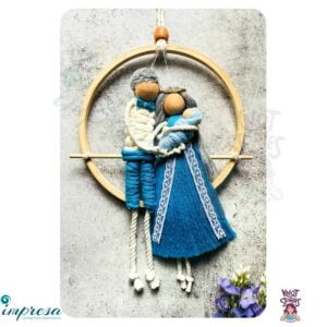 Couple with swaddled baby - blue color Macrame Character Wall Hanging - Impresa Store
