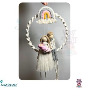 Couple with swaddled baby - Rainbow and knotted hoop -offwhite & Grey color combo Macrame Character Wall Hanging - Impresa Store