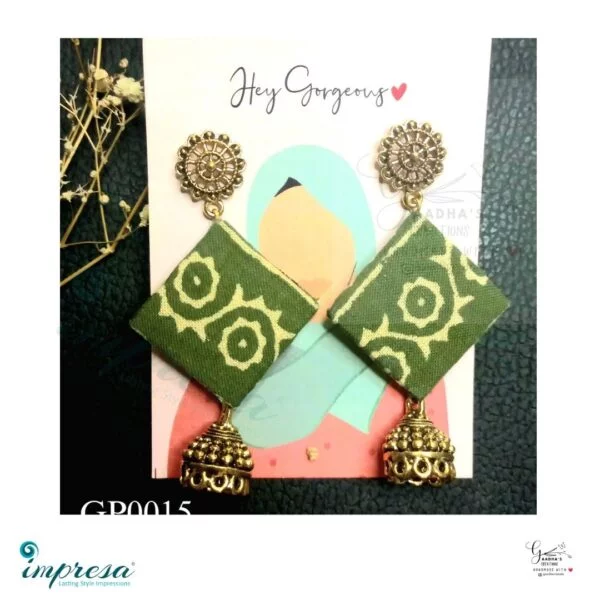 Handmade Olive Green Fabric Earings with antique gold Jhumka & stud Jewellery - Impresa Store