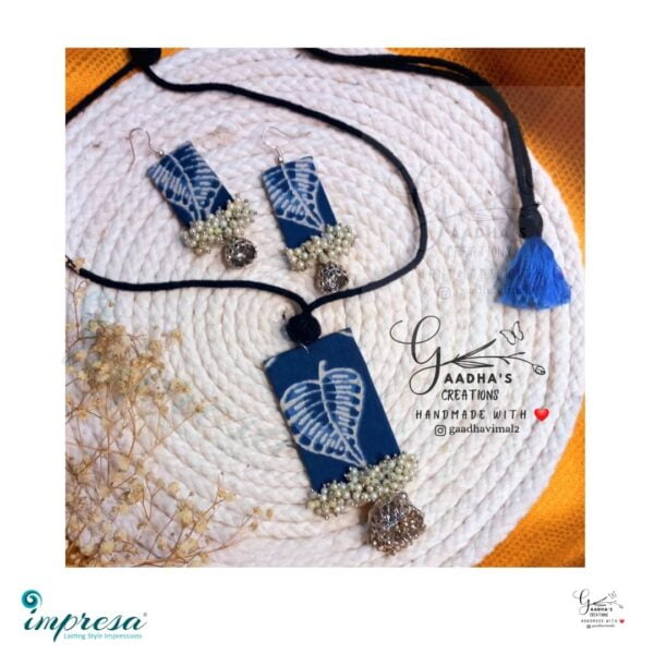 Handmade Blue leaf print Fabric Necklace & Earings Combo Jewellery - Impresa Store