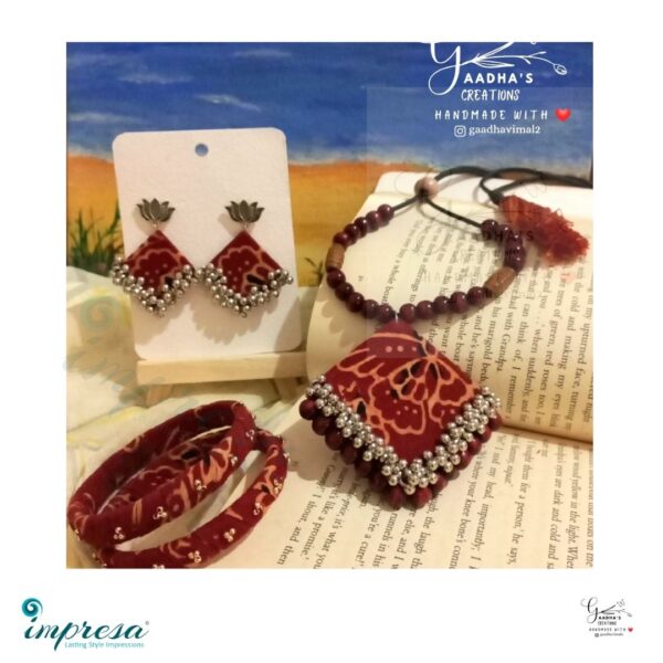 Handmade Brick Red Ajrakh print Necklace, Earings & Bangles combo Jewellery - Impresa Store