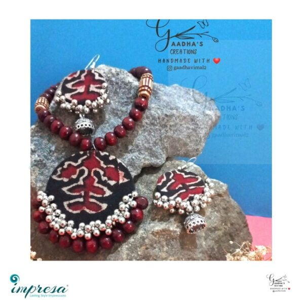 Handmade Black & Red Ajrakh print Fabric Necklace & Earings combo Jewellery - Impresa Store