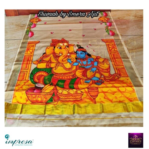 Ganesha with Krishna Handpainted Powerloom Tissue Silk Saree - Impresa Store