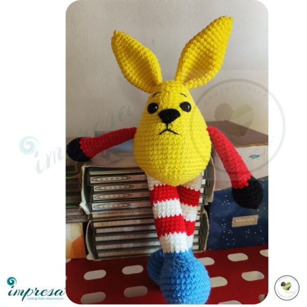Bunny Yellow in Red and White Striped Pants Crochet Amigurumi - Impresa Store