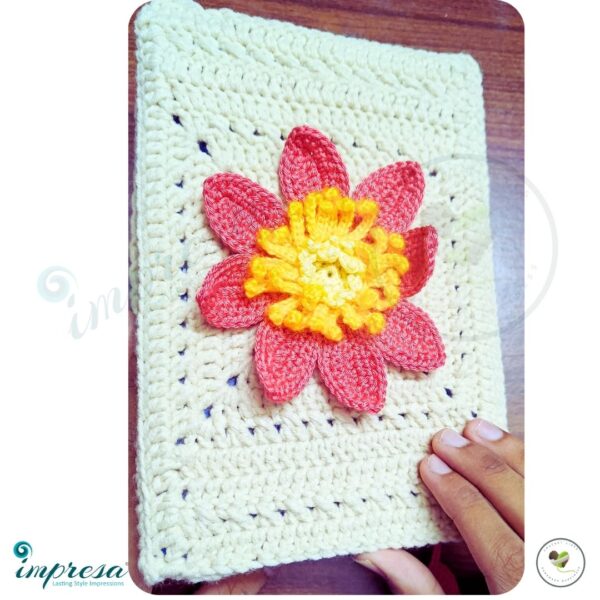 Crochet Beige Book cover with Peach and Yellow Flower - Impresa Store