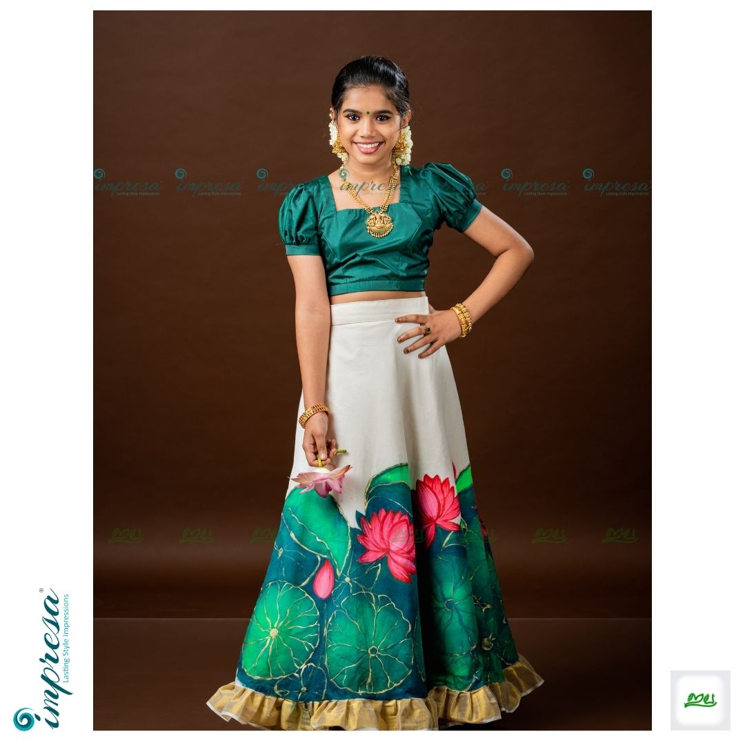 Handpainted Lotus and Leaves Design Unstitched Skirt Top Material